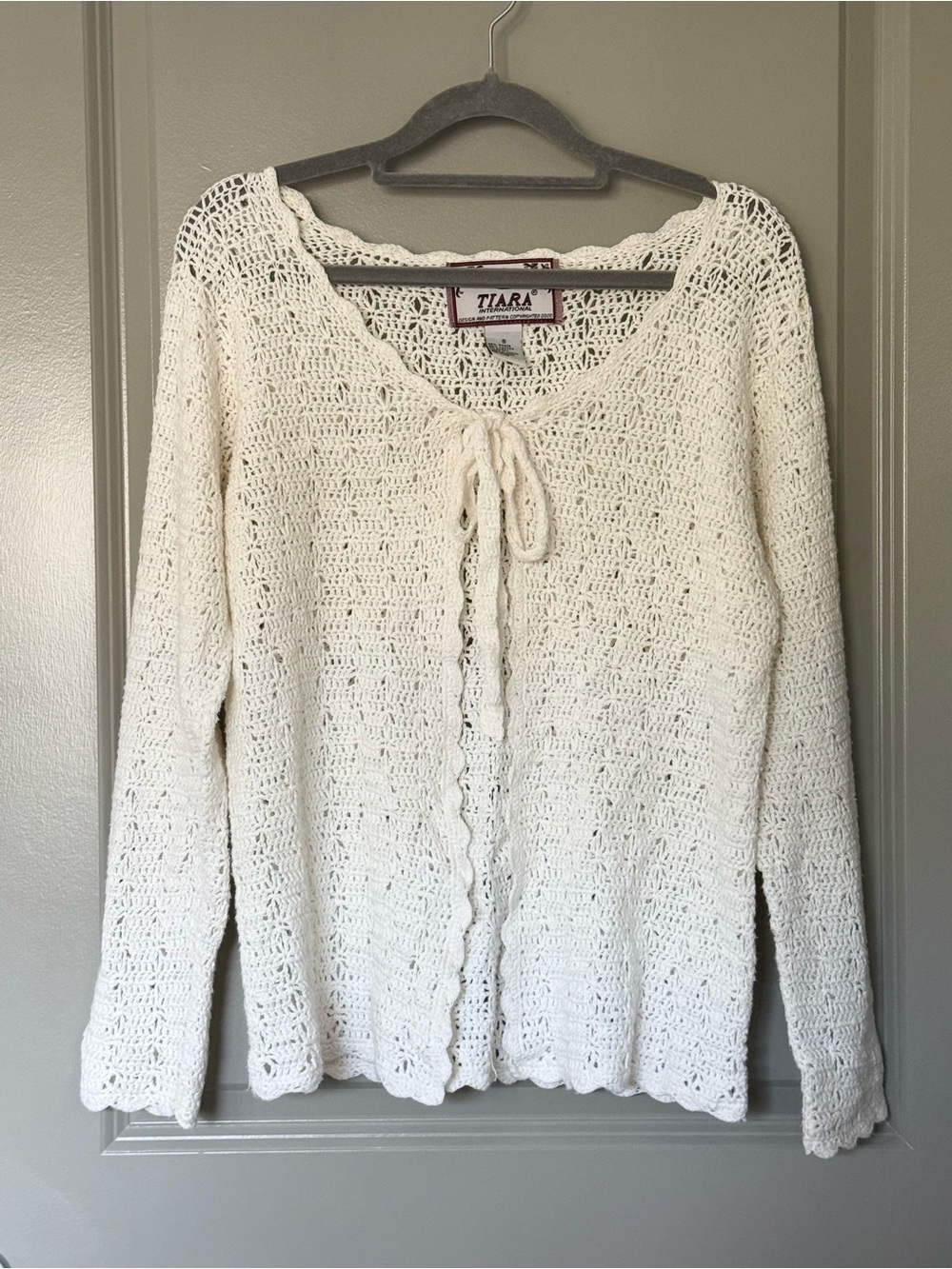 Vtg Tiara International Tie Front Crochet Cardigan Bolero White Size S